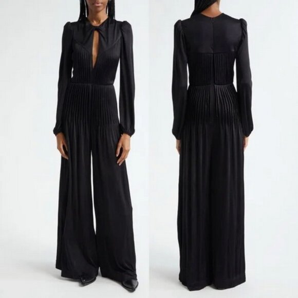Farm Rio Black Knot Long Sleeve Pleated Satin Jersey Jumpsuit